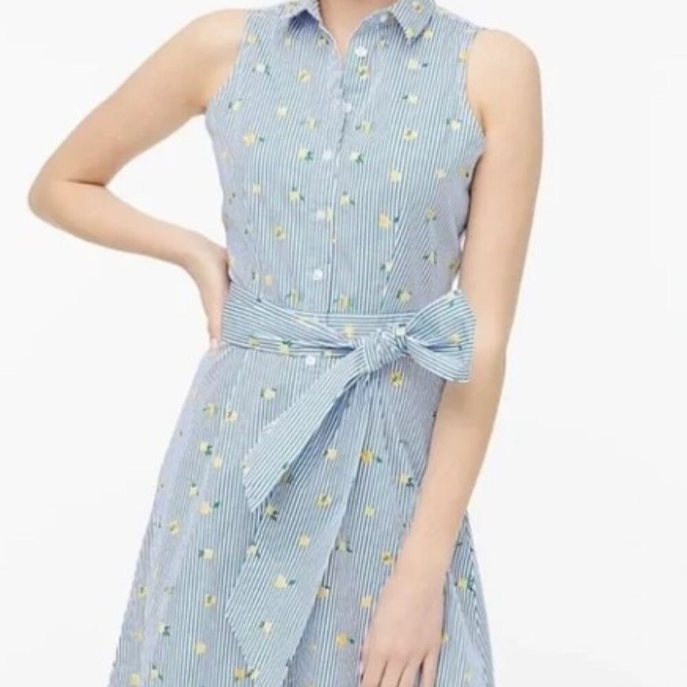J. Crew Factory Blue Stripe Lemon-Print Sleeveless Tie Waist Summer Shirtdress